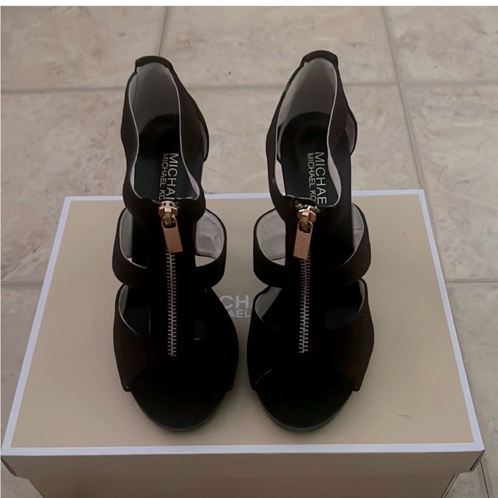 Michael Kors Inspired Black Strappy Peep-Toe Heels with Gold Zipper Pull